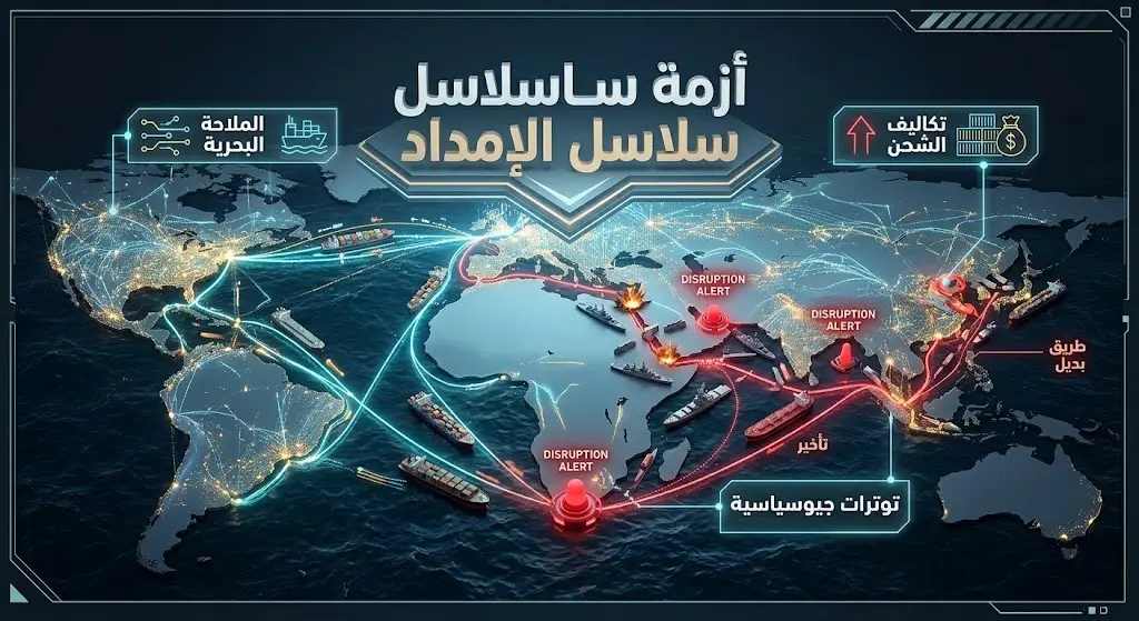 تصميم ثلاثي الأبعاد يبرز تأثير التوترات في الممرات المائية على خطوط التجارة العالمية وتكاليف الشحن