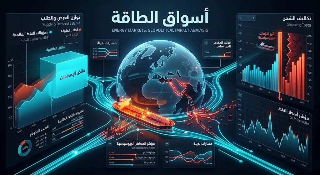تصميم بصري يدمج بين الرسوم البيانية لأسواق الطاقة وحركة شحن النفط العالمية للتعبير عن تقلبات الأسعار