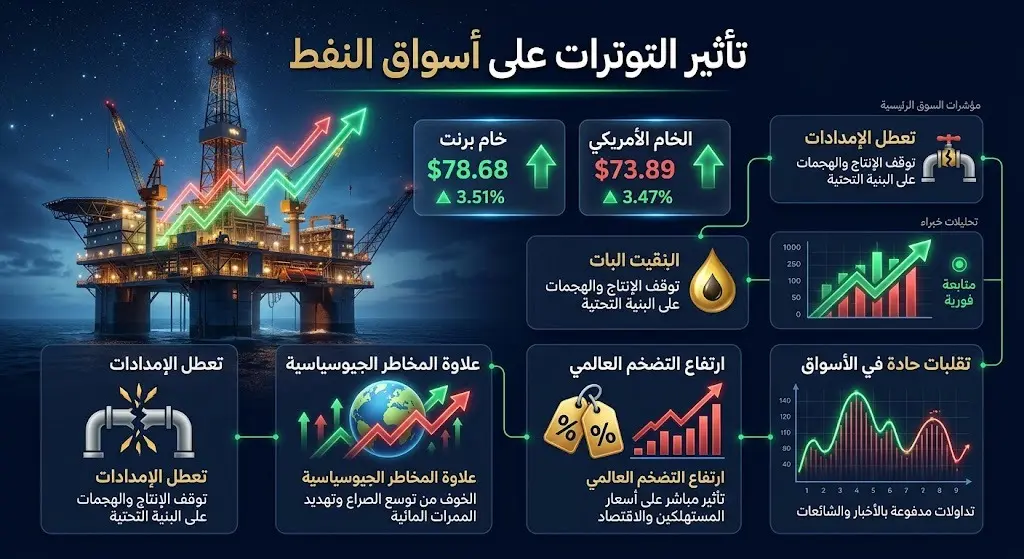 إنفوجرافيك يوضح الارتفاع في أسعار خام برنت والخام الأمريكي إثر التوترات الجيوسياسية