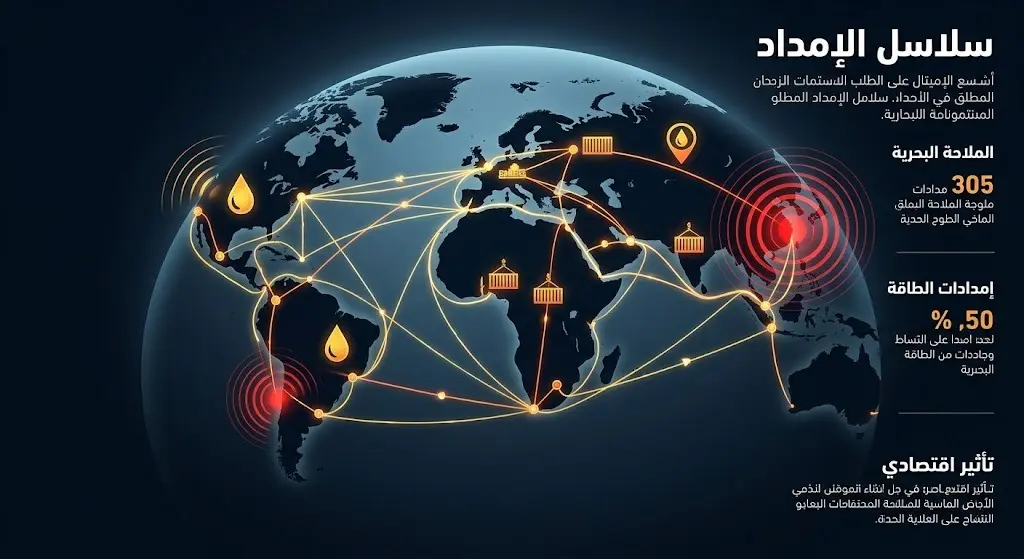 تصميم إنفوجرافيك يجسد تأثير اضطراب الملاحة في الممرات البحرية على سلاسل إمداد الطاقة العالمية