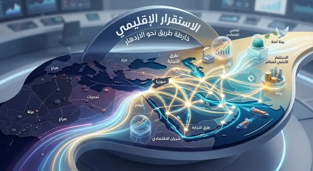 إنفوجرافيك تعبيري يوضح مسارات التعافي الاقتصادي وعودة خطوط التجارة الإقليمية لتعزيز الاستقرار.
