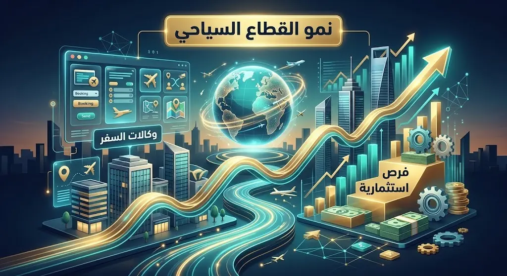 تصميم تعبيري يبرز الانعكاسات الإيجابية لقرار تأشيرة الباقات السياحية على نمو قطاع السفر ووكالات السياحة.