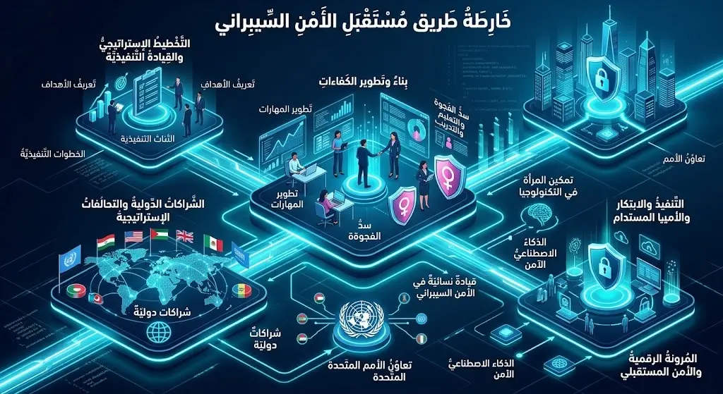 إنفوجرافيك يستعرض خارطة طريق للخطوات التنفيذية المستقبلية لقرار الأمن السيبراني والتعاون مع المنظمات الدولية.