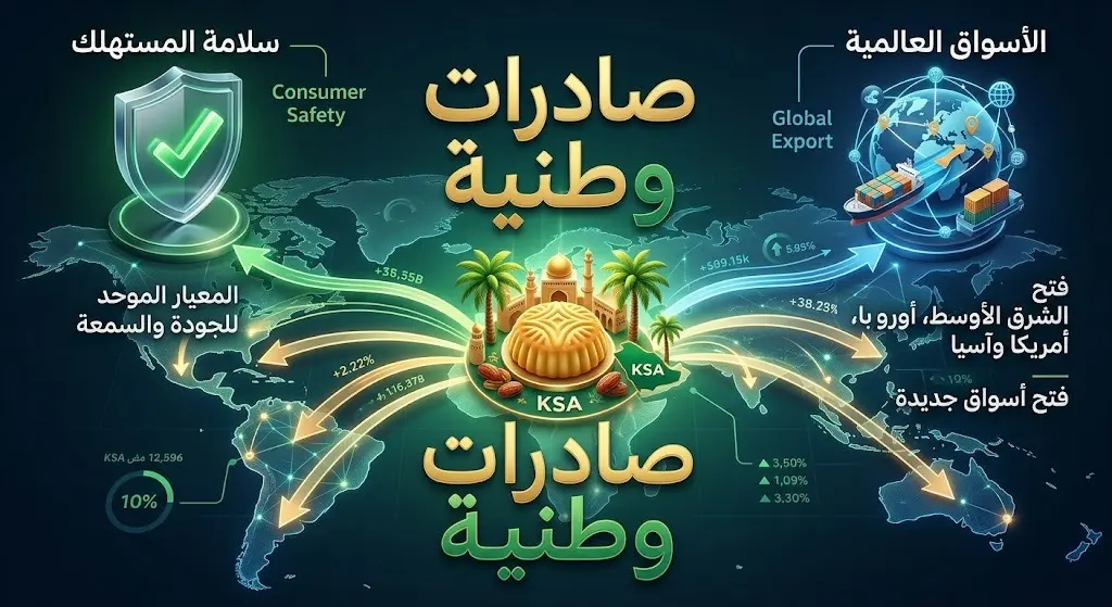 إنفوجرافيك تعبيري يظهر خريطة عالمية بأسهم مضيئة تنطلق من مركز يمثل الصناعة السعودية، مع رموز لحماية المستهلك وتوسع الصادرات للأسواق الدولية.