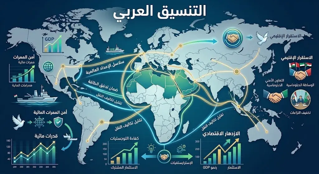 إنفوجرافيك يوضح انعكاسات التنسيق العربي على استقرار سلاسل الإمداد العالمية والأمن الإقليمي.
