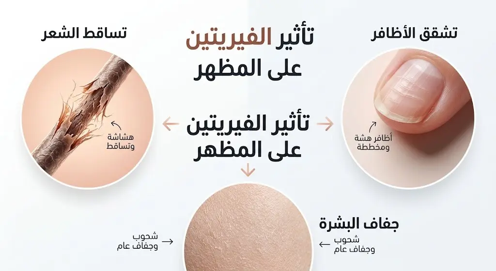 رسم توضيحي يستعرض التأثيرات السلبية لانخفاض الفيريتين على صحة الشعر والأظافر والجلد