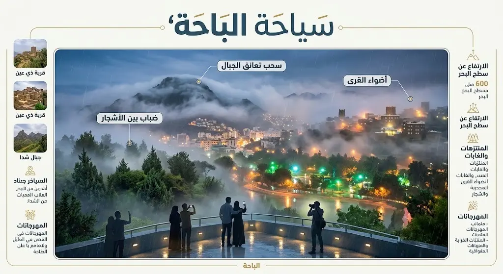 تصميم إبداعي يدمج بين تفاصيل مدينة الباحة العمرانية والطبيعة الضبابية مع توافد السياح لالتقاط الصور، يتضمن نصوصاً توضيحية لأبرز المشاهد.