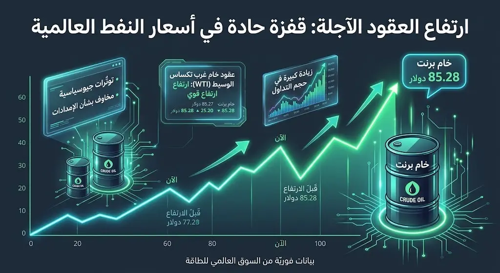 بطاقة معلومات مالية توضح الارتفاع الفوري في أسعار العقود الآجلة لخام برنت وخام غرب تكساس الوسيط وسط شاشات تداول مضيئة.