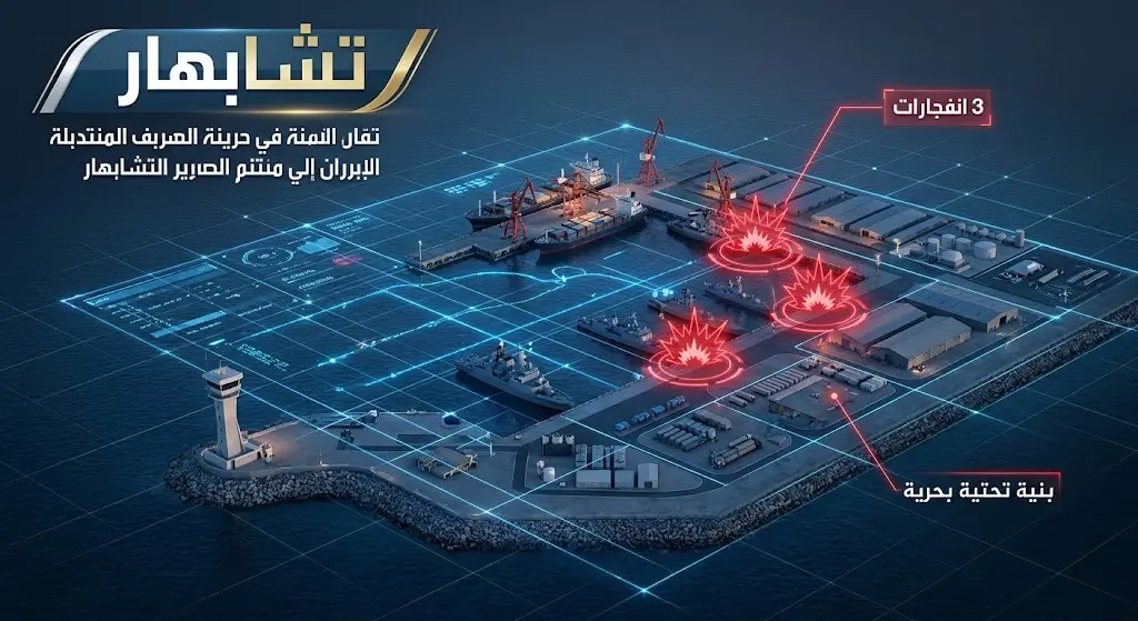 تصميم إخباري ثلاثي الأبعاد يعرض ميناء تشابهار الإيراني مع ثلاث علامات حمراء تشير إلى مواقع الانفجارات في البنية التحتية البحرية.