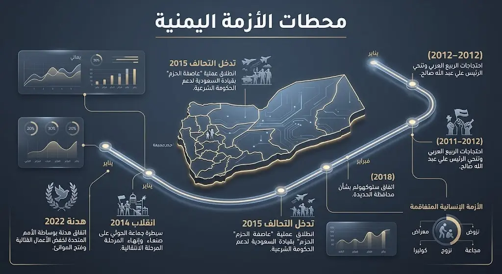 إنفوجرافيك زمني احترافي يستعرض المحطات الرئيسية للأزمة اليمنية بدءاً من انقلاب عام 2014 وتدخل التحالف في 2015 وصولاً إلى هدنة 2022، معزز بخريطة تفاعلية ونقاط مضيئة.
