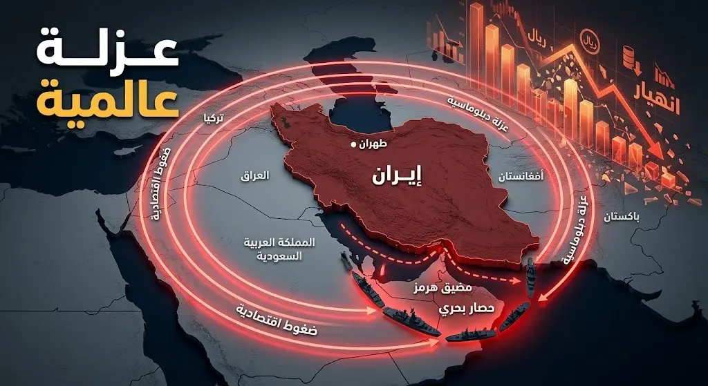 إنفوجرافيك وخريطة جيوسياسية تظهر الحصار البحري والعزلة الدولية المضروبة حول طهران.