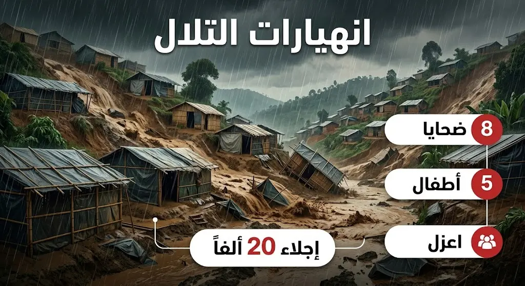 إنفوجرافيك إخباري يوضح تداعيات الانهيارات الأرضية في مخيمات اللاجئين في بنجلاديش، يتضمن إحصائيات الضحايا وعمليات الإجلاء وسط ظروف جوية قاسية.