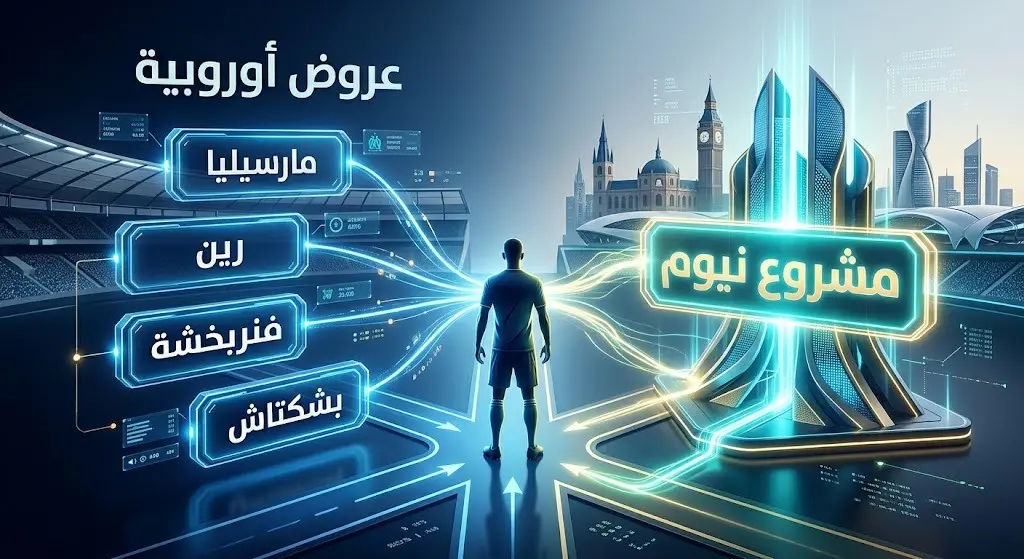 تصميم إنفوجرافيك يوضح الأندية الأوروبية التي نافست على ضم مالانغ سار قبل اختياره الانتقال إلى نيوم.