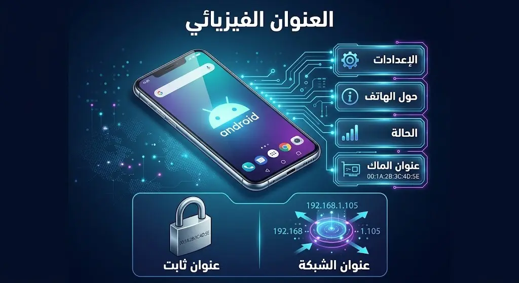 إنفوجرافيك يشرح خطوات استخراج العنوان الفيزيائي لهواتف أندرويد ويوضح ثبات العنوان الفيزيائي مقارنة بالعنوان المنطقي.