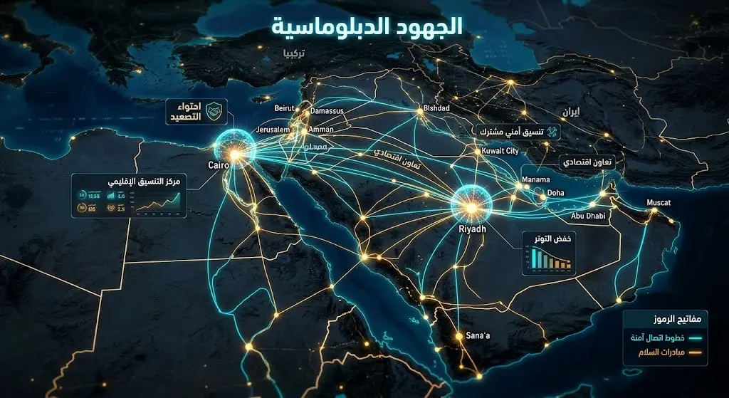 إنفوجرافيك تفاعلي مضيء لخريطة الشرق الأوسط يوضح نقاط الاتصال الدبلوماسي بين الرياض والقاهرة والجهود الإقليمية المستمرة لخفض التصعيد.