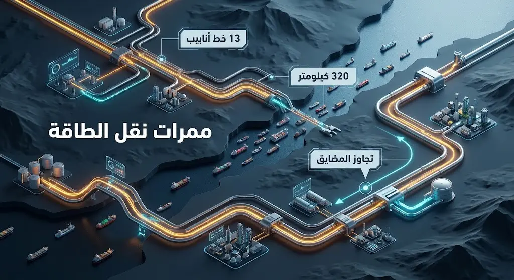 تصميم ثلاثي الأبعاد لخريطة تفاعلية تظهر مسار 13 خط أنابيب لنقل الطاقة بطول 320 كيلومتراً كبديل استراتيجي لتجاوز المضايق البحرية.