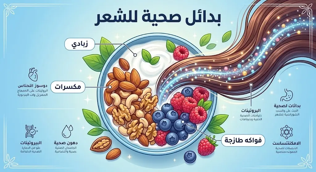 تصميم بياني يستعرض البدائل الغذائية الصحية كالمكسرات والزبادي والفواكه ودورها في تعزيز نمو الشعر وتقويته.