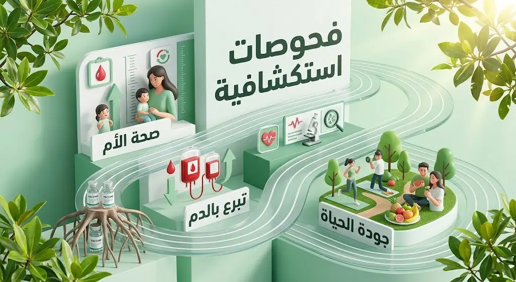 تصميم معلوماتي إبداعي يدمج بين الفحوصات الاستكشافية والبرامج الاستشارية كالتبرع بالدم وصحة الأم، وربطها بمكتسبات جودة الحياة والبيئة الصحية.