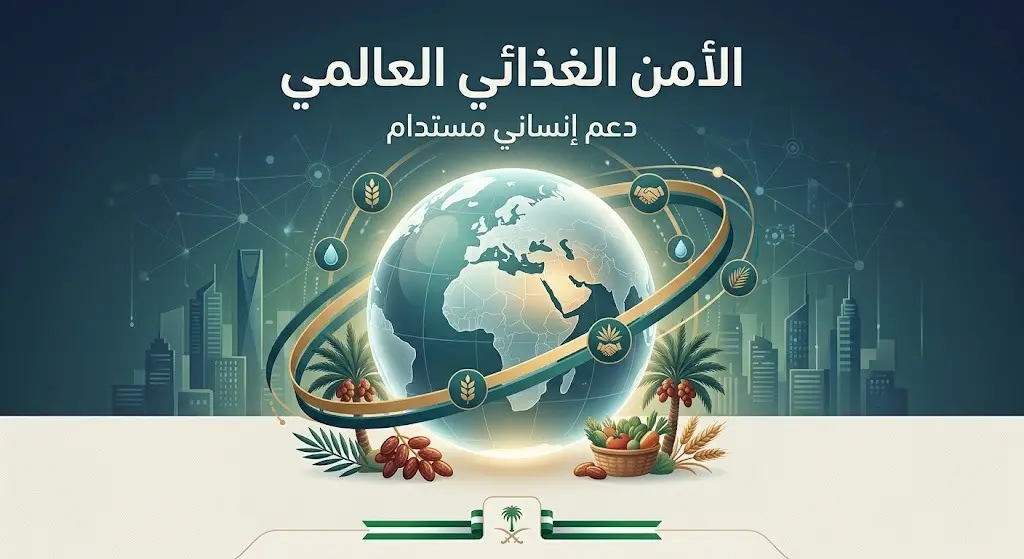 تصميم تعبيري حديث يجسد الكرة الأرضية محاطة برموز العطاء والزراعة، تعبيراً عن برامج الأمن الغذائي العالمي.