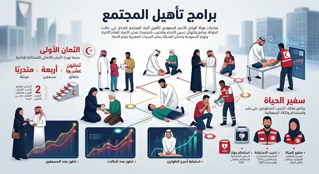 إنفوجرافيك يوضح برامج الاستجابة وتأهيل المجتمع مثل برنامج الثمان الأولى وبرنامج سفير الحياة التابعة لهيئة الهلال الأحمر السعودي.
