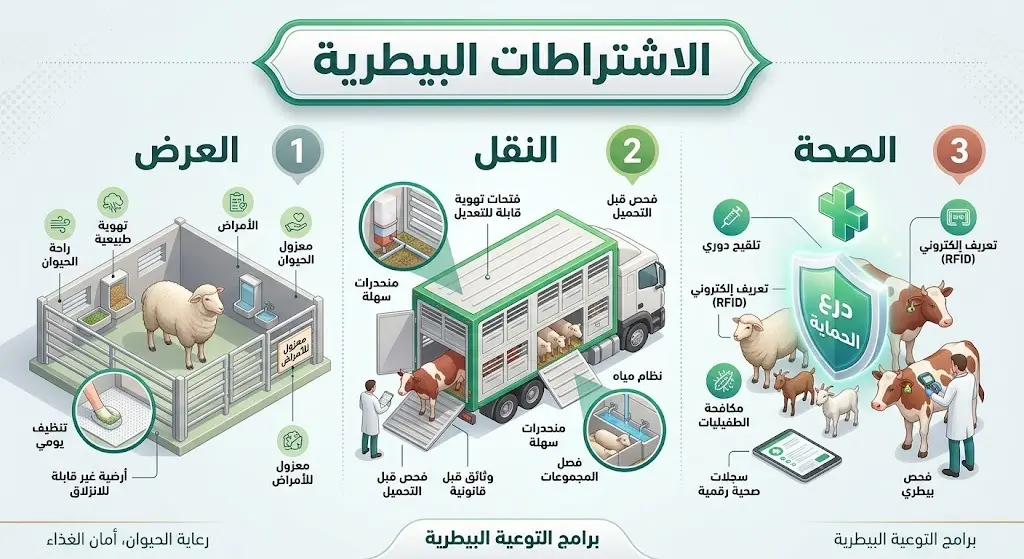 تصميم بصري يستعرض الاشتراطات البيطرية الثلاثة: آليات العرض السليم، متطلبات النقل الآمن، والمحافظة على الصحة الحيوانية.