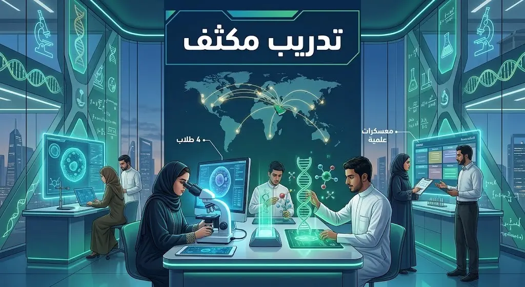 تصميم معلوماتي يبرز مراحل التدريب المكثف والمعسكرات العلمية للطلبة الموهوبين لتمثيل المملكة دولياً.