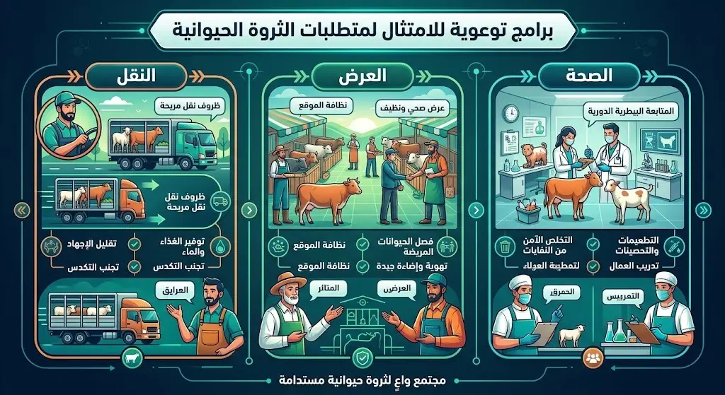 تصميم يبرز البرامج التوعوية الموجهة لملاك الماشية والعاملين لرفع مستوى الامتثال للاشتراطات الصحية