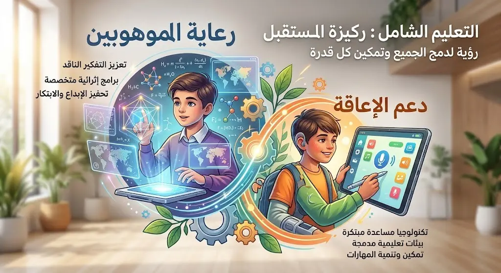 تصميم يبرز توفير التقنيات المساعدة لدمج ذوي الإعاقة وتوفير برامج متقدمة لرعاية الموهوبين.