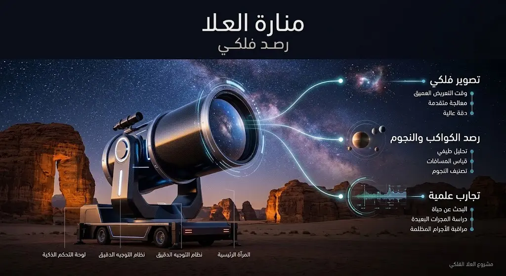 مشهد إبداعي يظهر تلسكوباً فلكياً متطوراً في صحراء العُلا، محاطاً بعناصر تصميم حديثة ونصوص عربية تبرز الأنشطة الفلكية والعلمية.