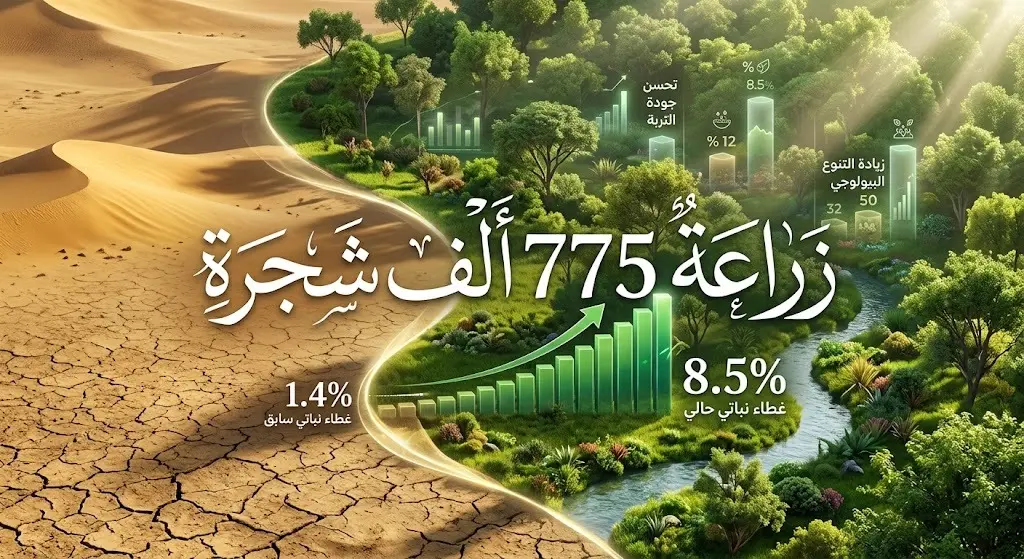 تصميم بياني إبداعي يبرز نمو الغطاء النباتي وزراعة 775 ألف شجرة لحماية التربة