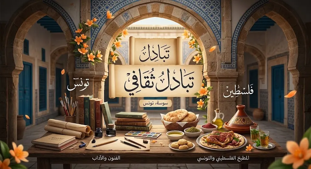 تصميم إبداعي يدمج بين الرموز الثقافية التونسية والفلسطينية، يبرز الفنون وتقاليد الطهي المشتركة مع نصوص عربية تعبر عن التبادل الثقافي.