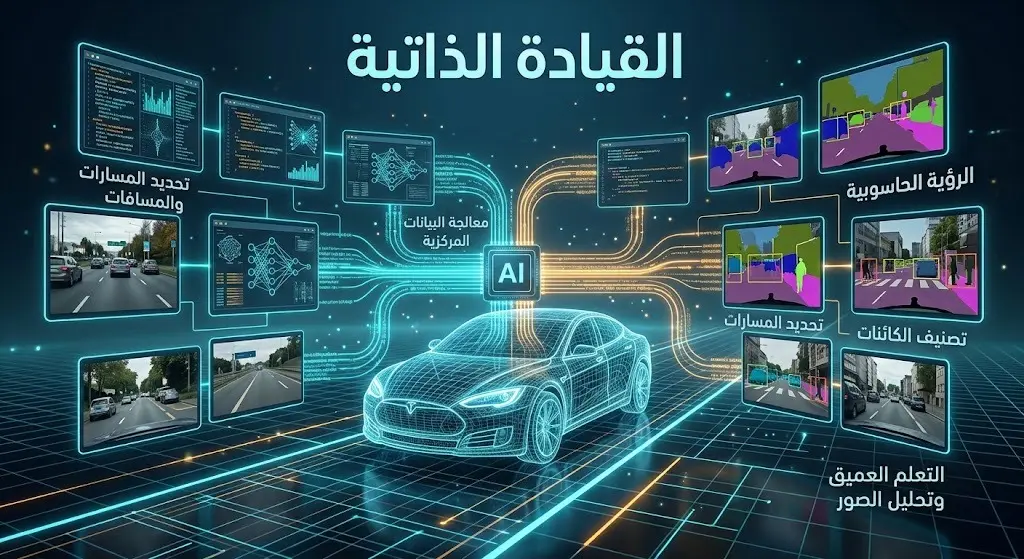 تصميم إبداعي يبرز عملية تدريب نظام الذكاء الاصطناعي على القيادة الذاتية عبر تحليل البيانات ومقاطع الفيديو المتعددة بالرؤية الحاسوبية.