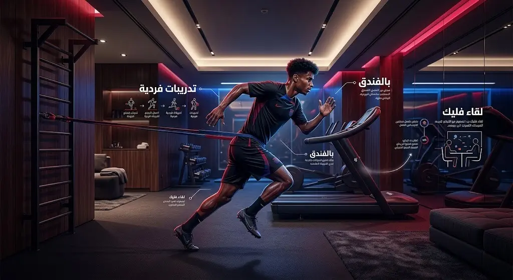 تصميم تعبيري وإنفوجرافيك يظهر تدريبات كريم أديمي الفردية في صالة ألعاب الفندق بانتظار توقيع العقود
