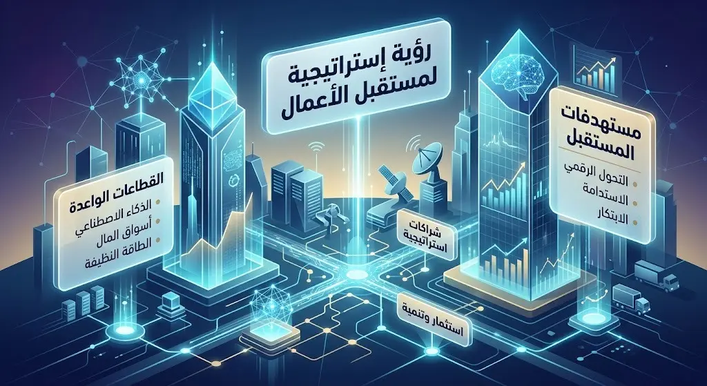 تصميم مستقبلي يبرز مستهدفات المرحلة القادمة في قطاعات الذكاء الاصطناعي، أسواق المال، والتكنولوجيا المتقدمة.