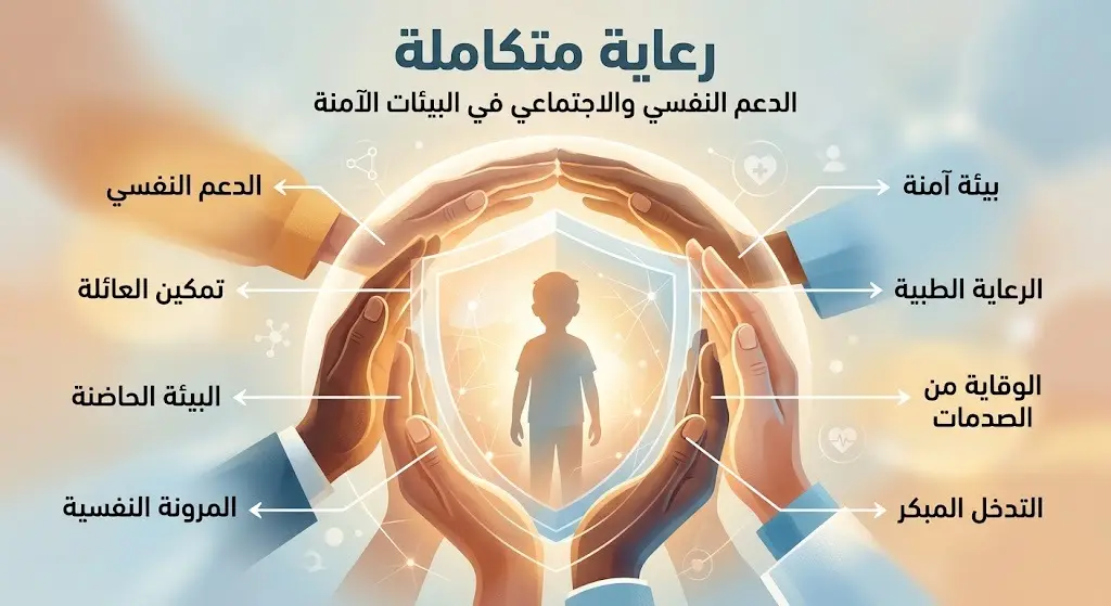 رسم تعبيري وإنفوجرافيك يجسد إحاطة الطفل ببيئة آمنة وداعمة نفسياً واجتماعياً من قبل الطاقم الطبي.