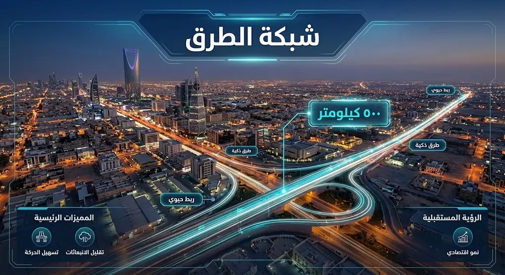 تصميم بصري لمدينة الرياض يبرز شبكة الطرق الدائرية والرئيسية الممتدة على مسافة 500 كيلومتر كجزء من تطوير البنية التحتية