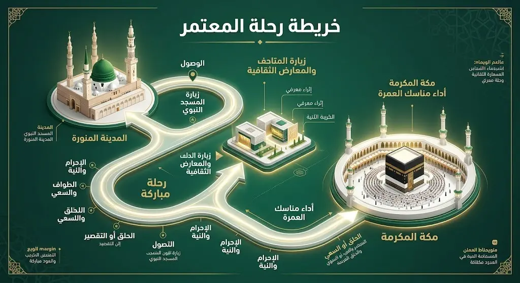 إنفوجرافيك يوضح مسار رحلة الدفعة الأولى من المعتمرين بدءاً من المدينة المنورة وصولاً إلى مكة المكرمة.