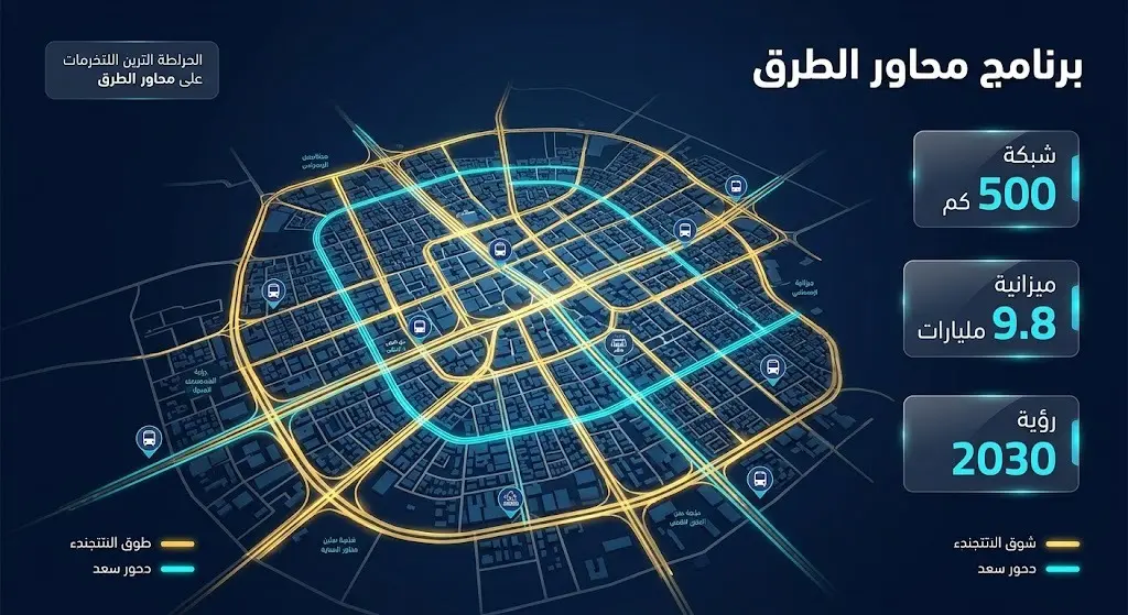 خريطة بصرية تفاعلية لمدينة الرياض تبرز شبكة محاور الطرق الدائرية والرئيسية الممتدة لأكثر من 500 كيلومتر مع بيانات الميزانية وارتباطها برؤية 2030.