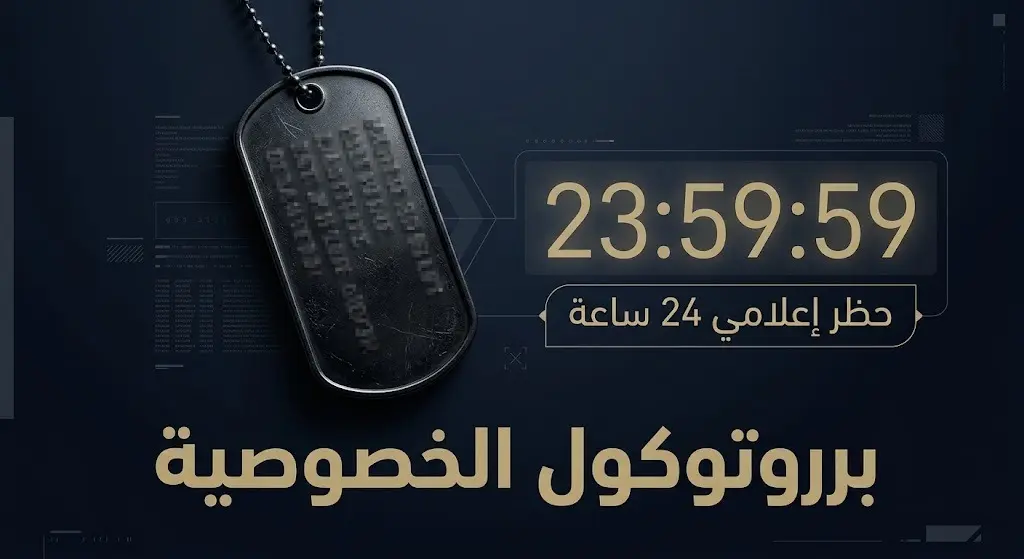 تصميم تعبيري يظهر قلادة عسكرية معتمة التفاصيل وساعة رقمية ترمز لبروتوكول حجب هويات الضحايا لمدة 24 ساعة.