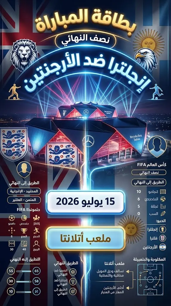 إنفوجرافيك يوضح بطاقة مباراة إنجلترا والأرجنتين في نصف نهائي كأس العالم 2026 متضمناً الموعد والملعب