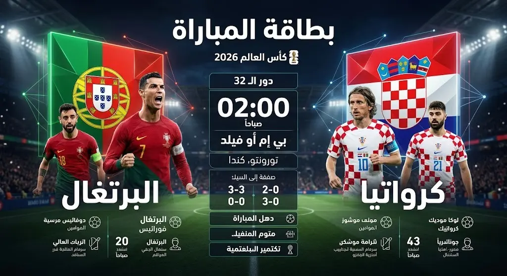 إنفوجرافيك يعرض بطاقة مباراة البرتغال وكرواتيا في كأس العالم 2026 متضمناً الموعد والملعب