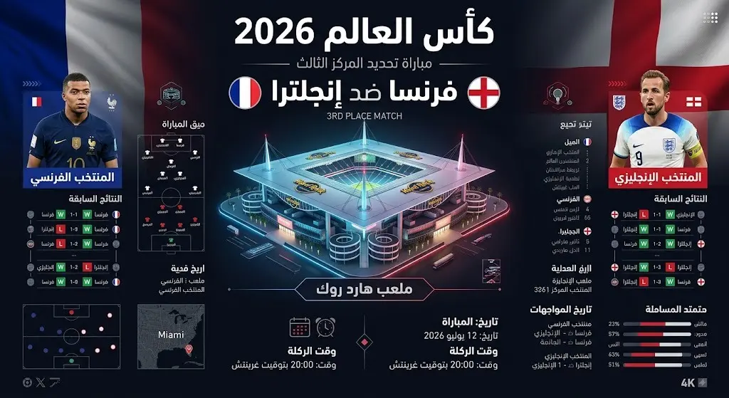 إنفوجرافيك يستعرض بطاقة تعريف مباراة فرنسا وإنجلترا لتحديد المركز الثالث في كأس العالم 2026، متضمناً الملعب والموعد.