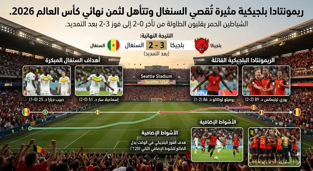 بلجيكا تقلب تأخرها أمام السنغال بريمونتادا مثيرة وتتأهل لثمن نهائي كأس العالم 2026
