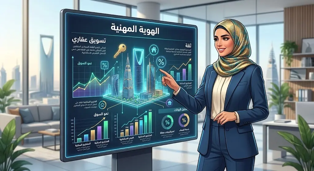 مسوقة عقارية سعودية داخل مكتب حديث تستعرض شاشة ذكية تعرض مفاهيم الهوية المهنية والتسويق العقاري
