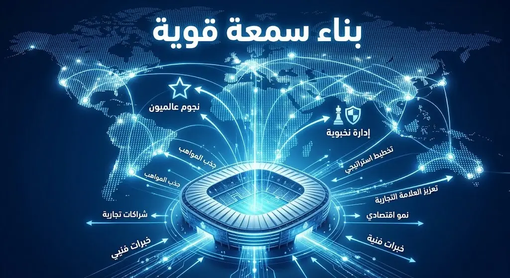 تصميم إنفوجرافيك إبداعي باللونين الأزرق والأبيض يجسد استراتيجية نادي الهلال في بناء منظومة رياضية متكاملة عبر استقطاب نجوم عالميين وإدارة نخبوية، مع نصوص عربية بارزة.