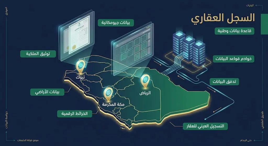 إنفوجرافيك ثلاثي الأبعاد يعرض خريطة المملكة العربية السعودية مضاءة بنقاط جيومكانية، مع شاشات رقمية وخوادم ترمز لبناء السجل العقاري وقاعدة البيانات الوطنية.