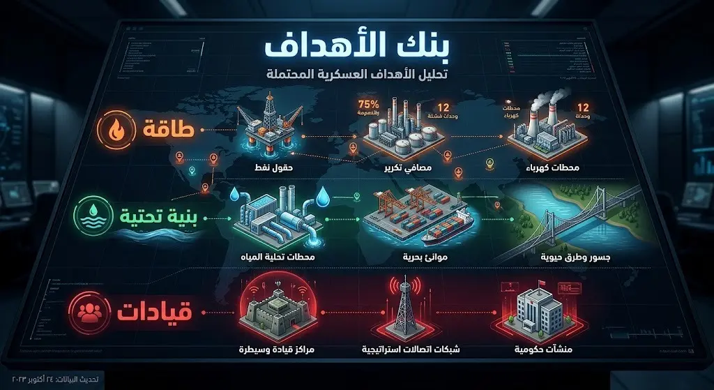 إنفوجرافيك يوضح بنك الأهداف العسكرية الأمريكية المحتملة في إيران، ويشمل منشآت الطاقة، محطات تحلية المياه، ومواقع القيادات الإيرانية.