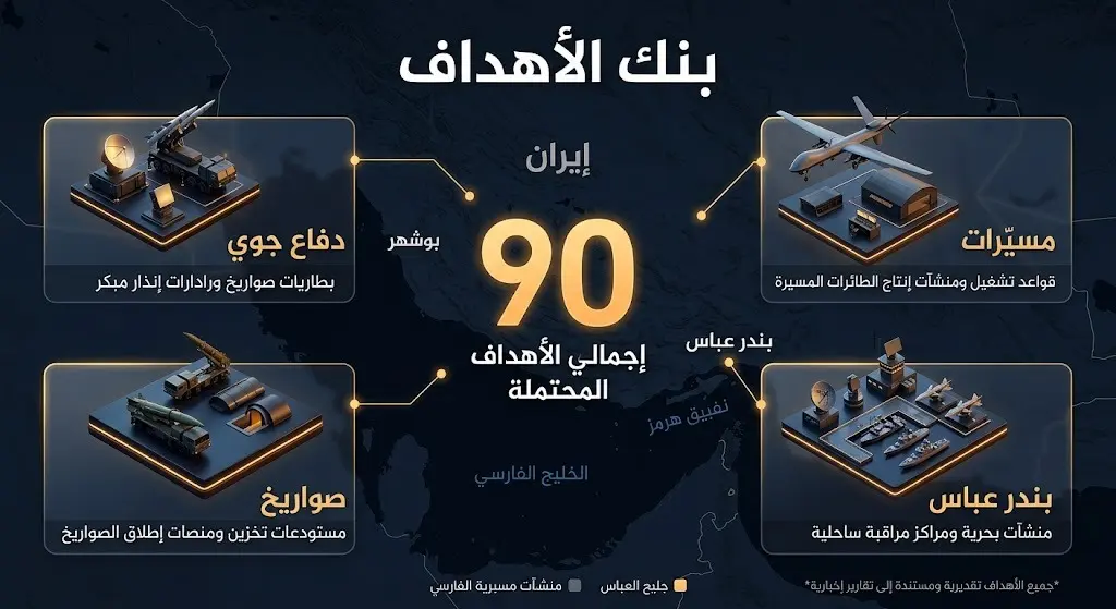 إنفوجرافيك يستعرض بنك الأهداف والمواقع العسكرية الإيرانية التي استهدفتها الغارات الأميركية، مبرزاً أنواع المنشآت والمدن المتضررة.