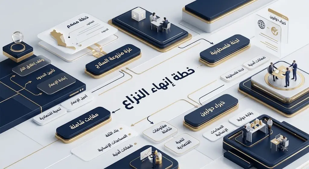 إنفوجرافيك احترافي يعرض البنود الأساسية لخطة إنهاء النزاع في غزة، متضمناً نزع السلاح وتشكيل لجنة فلسطينية بدعم دولي.