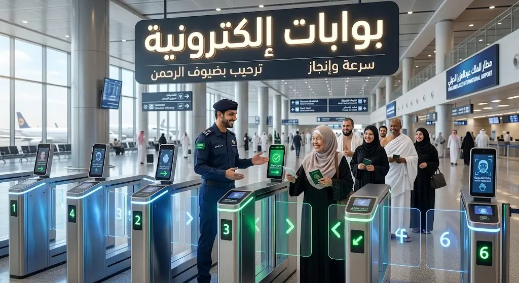 تصميم ثلاثي الأبعاد يجسد البوابات الإلكترونية الحديثة في منافذ المملكة، مع ضباط الجوازات يرحبون بالمعتمرين لتسهيل إجراءاتهم.